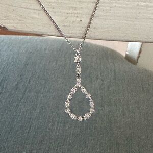 NEW; 14k white gold diamond tear-drop pendant necklace; original jewelry box